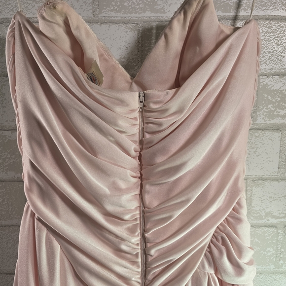 80s Vintage Prom Dress Satin Pink Lace Bodice Sleeveless Ruched Union Made Small - Picture 10 of 16